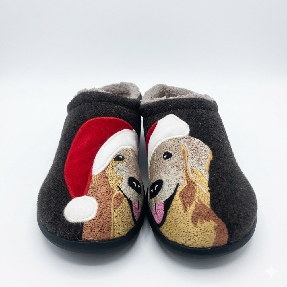 L.L.Bean Daybreak Scuff Women's 9M Brown Wool Clog Slipper Dog Motif House Shoes